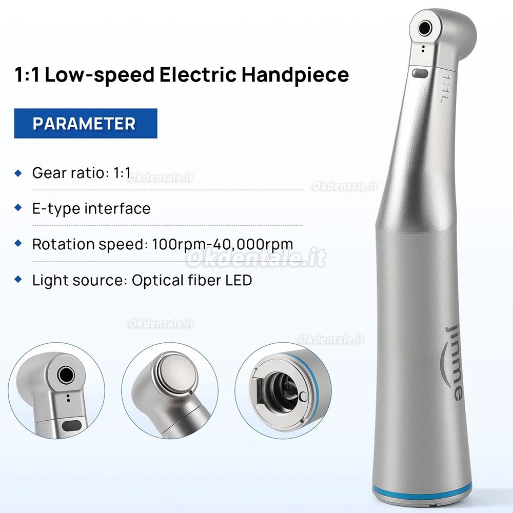 Manipolo contrangolo dentale Jinme W11L 1:1 con fibra ottica e canale interno